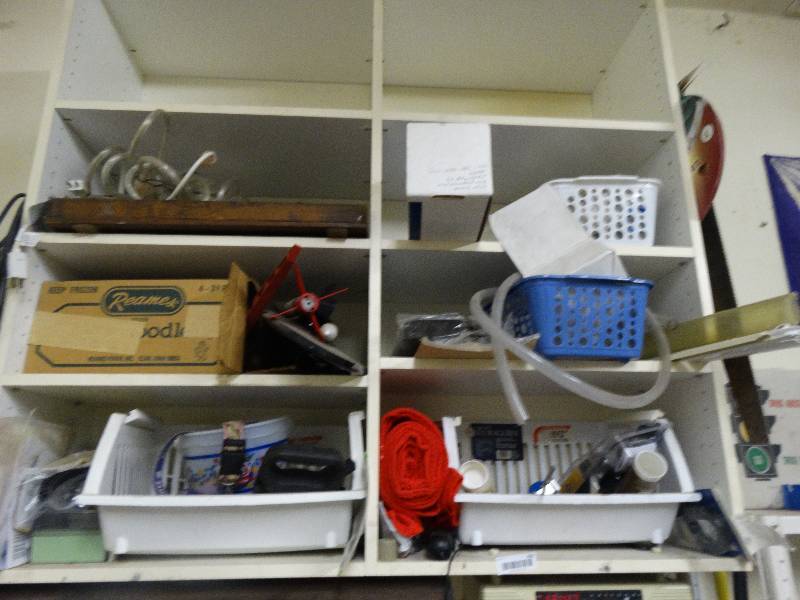 lot 450 image: Lot of various tools hardware in white cabinet