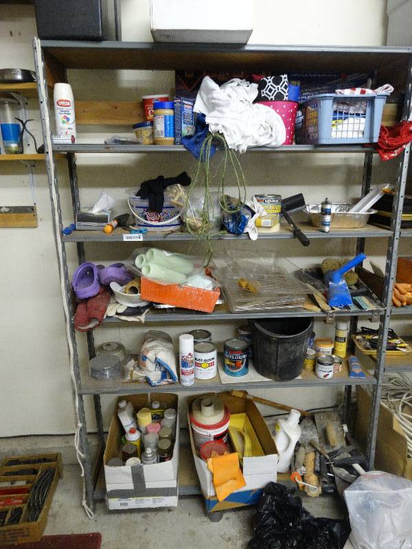 lot 464 image: Contents of shelf- paints trowels bucket misc.