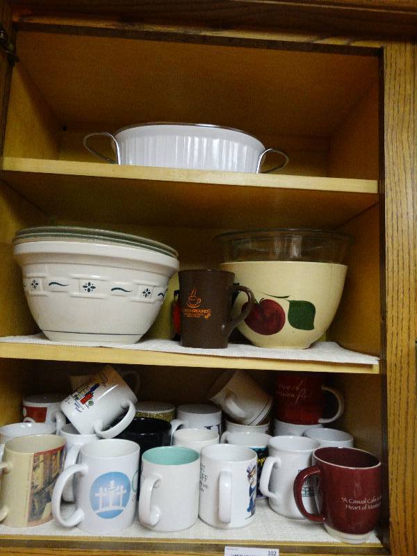 lot 102 image: Lot of coffee cups, dishes and bowls. Large Longaberger bowl