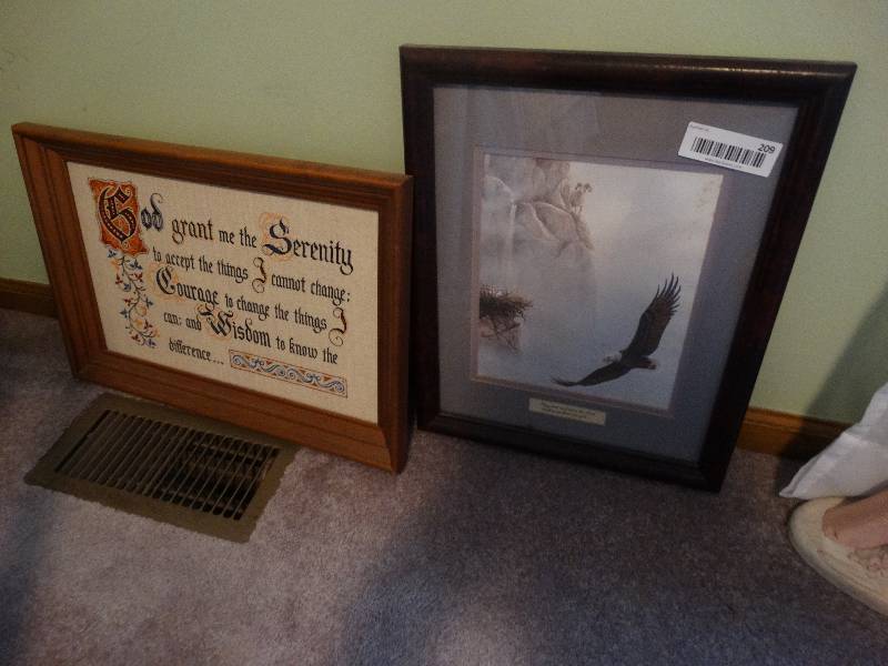 lot 209 image: 2 framed prints- Serenity prayer- eagle w scripture