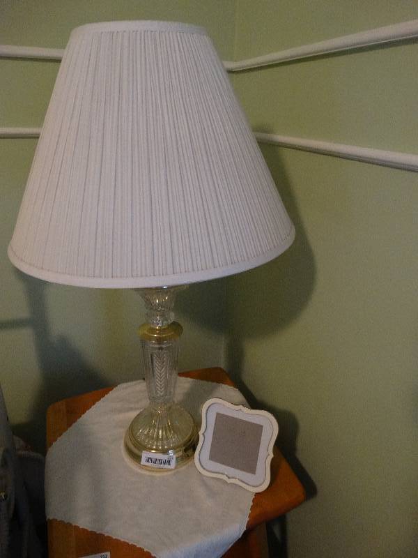 lot 211 image: Cut glass table lamp w shade & picture frame
