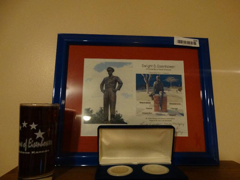 lot 319 image: Dwight D. Eisenhower glass framed print 2 collector coins in case