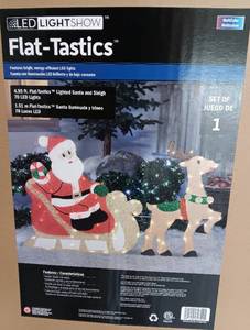 lot 3483 image: LED Light Show Flat-Tastics Santa and Sleigh 4.95ft Christmas Decoration with 70 LED Lights