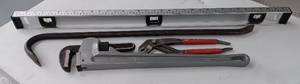 lot 3535 image: Tool Lot - 36 Level, 24 Aluminum Pipe Wrench, Milwaukee Pliers, Pry Bar
