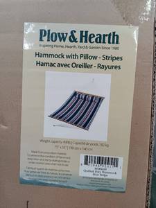 lot 3389 image: New in Box - Plow & Hearth Quilted Polycotton Hammock with Pillow - Blue Stripe Pattern