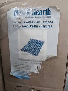 lot 3391 image: New in Box - Plow & Hearth Blue Striped Hammock with Pillow - 400lb Capacity