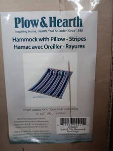 lot 3393 image: Plow & Hearth Quilted Poly Hammock with Pillow - Blue Stripe