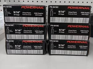 lot 3409 image: Six Boxes - Powernail PowerStaples Model PS 5418C Staples. 916 inch length, 20 gauge, Chisel Point Design. Each box contains 5000 staples. Lot includes 6 boxes for a total of 30,000 staples. 316 inch crown width.