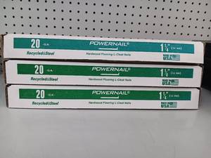 lot 3415 image: Lot of 3 - Powernail 20GA 1-14 inch Hardwood Flooring L-Cleat Nails - Recycled Steel - 3 Boxes of 5,000 Nails Per Box