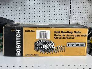 lot 3418 image: Opened Box of Stanley Bostitch CR3DGAL 1-14 Coil Roofing Nails - Unopened Box Would Contain 7200 Nails