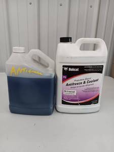 lot 3575 image: Lot of 2 - OPENED Bobcat PG Antifreeze & Coolant about 34 Full and Unknown Brand has about 1 gallon in it. - 1 Gallon Containers