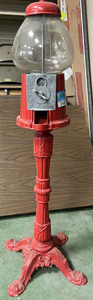 lot 3608 image: Vintage Red Metal Gumball Machine with Glass Globe 40in Tall