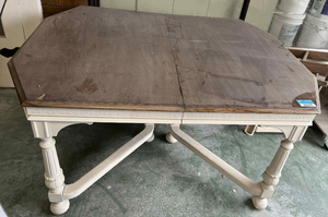 lot 3622 image: Farmhouse Style Two-Tone Dining Table with Ornate Base and Dark Wood Top 60x45x30