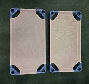 lot 9002 image: (2) Kaplan Stackable Toddler Cots with Blue Frame and Tan Mesh