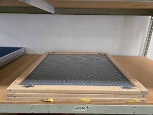 lot 9004 image: (3) Industrial Perforated Metal Screen Panel with Wood Frame