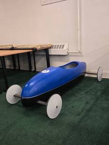 lot 9035 image: MWR Soap Box Derby Car - Blue Racing Shell with White Wheels