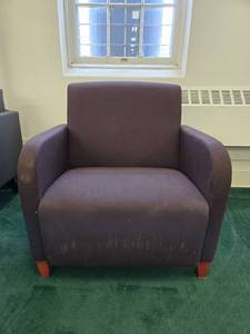 lot 9050 image: Purple Upholstered Club Chair with Wood Feet