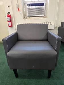 lot 9052 image: Gray Vinyl Club Chair with Wood Legs