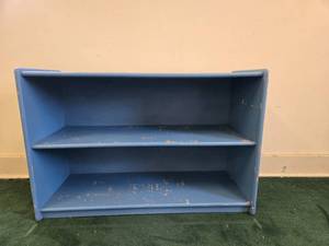 lot 9076 image: Blue Wooden 2-Shelf Childrens Storage Shelf