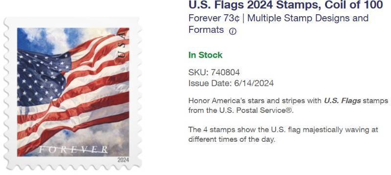 lot 10133 image: USPS Forever Stamps, American Flags, Roll of 100, 73 cent, First Class Stamps. Retail $73.00