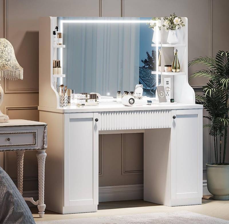 lot 10039 image: Fluted Makeup Vanity Desk with Mirror and Lights, Makeup Vanity Table with Power Outlet, Dressing Table with Storage, Adjustable Shelves, Touch Control, Modern White Vanity Desk with Lights Retail $310.99