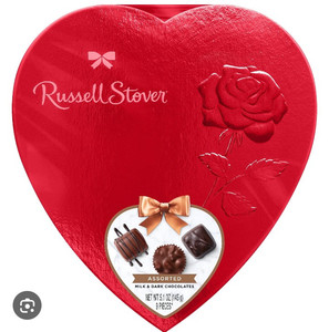lot 9779 image: 2 pk Russell Stover Valentines Red Foil Heart Assorted Milk & Dark Chocolates 5.1oz