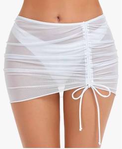lot 9820 image: SHERRYLO Swimsuit Coverup for Women Drawstring Ruched Sheer Swim Skirt Beach Mesh Bathing Suit Cover Ups Sexy Bikini Cover Up Black and White- Size- XXL