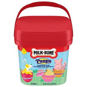 lot 9841 image: Milk-Bone Peeps Easter Pail Marshmallow Flavor Crunchy Dog Treats - 22oz