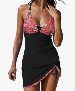 lot 9897 image: Womens Tankini Swimsuit with Drawstring Skirt Sexy Halter String Tankini Top with Skirts Print 2 Piece Bathing Suit, M