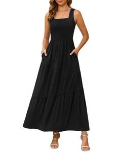 lot 9898 image: Kranda Summer Dresses for Women Square Neck Tank Top Maxi Long Dress Sleeveless Tiered Beach Sundress with Pockets, Black XXL