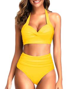 lot 9900 image: Tempt Me Womens Vintage Swimsuits Neon Yellow Retro Halter Ruched High Waist Bikini with Bottom M