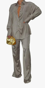 lot 9921 image: Satin Two Piece Outfits for Women Long Sleeve Lapel Button Down Tops Wide Leg Pants Pajama Set, XXL (STOCK PHOTO NOT EXACT)