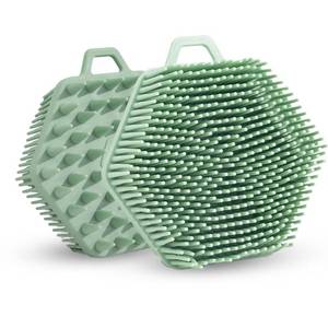 lot 9940 image: MypikY Hexagonal Silicone Double-Sided Shampoo and Shower Brush with Hanging Rope for Easy Drying, Soft Shower Brush, Household Silicone Shower Brush,Green