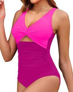 lot 10000 image: Tempt Me Women Pink One Piece Swimsuits Tummy Control Cutout Bathing Suits Ruched V Neck Twist Front Swimwear XXL