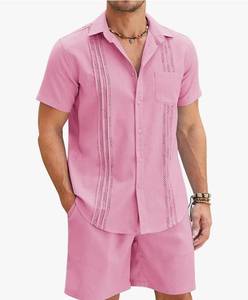 lot 10002 image: COOFANDY Men 2 Piece Linen Set Short Sleeve Cuban Sets Summer Beach Shirt and Shorts (Pink, Small)