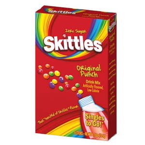 lot 10054 image: Skittles Zero Sugar variety pack wild berry punch,Original Punc, and tropical punch h Flavored Drink Mix 6 packets 15.5g0.55 oz. (STOCK PHOTO NOT EXACT)