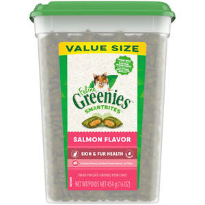 lot 10130 image: Greenies Salmon Flavor Soft Crunchy Dry Cat Treats 16 Oz Tub (MISSING LID. FACTORY SEALED)