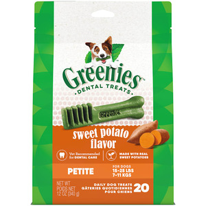 lot 10132 image: Greenies Petite Natural Dog Dental Treats Sweet Potato Flavor 12 Oz Pack (20 Treats)