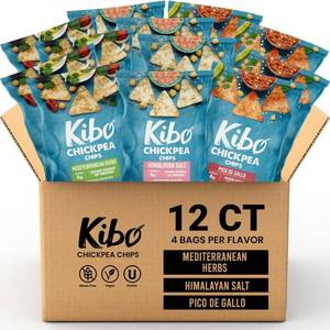 lot 10236 image: Kibo Chickpea Chips 3 Flavor Variety Pack - High Protein-Fiber, Plant-Based, Gluten-Free, Non-GMO, Vegan, Made with Real Veggies - 1 oz, 12 Pack