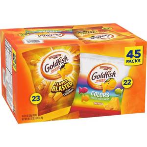 lot 10245 image: Goldfish Crackers Cheddar Colors and Flavor Blasted Xtra Cheddar Crackers 45 Ct Variety Pack