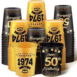 lot 6068 image: Cholemy 50 Pcs Happy 50th Birthday Cups 12 oz 1974 Birthday Party Cups Gold and Black Plastic Stadium Cups Reusable Drink Tumblers Drinkware for Men Woman 50 Years Birthday Party Decorations Supplies