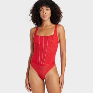 lot 6069 image: Womens Rhinestone Lingerie Bodysuit - Auden�� Red M Nylon Spandex Mesh, Cotton Gusset, Sheer Pullover