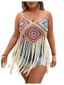 lot 6085 image: GORGLITTER Womens Plus Size Crochet Top Fringe Sleeveless Boho Knitted Tank Tops Multicolor X-Large Plus