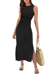 lot 12260 image: ANRABESS Womens Summer Casual Sleeveless T Shirt Midi Dress Slim Fit Tie Waist Split Tank Long Dresses 2025 Vacation Sundress Black XX-Large