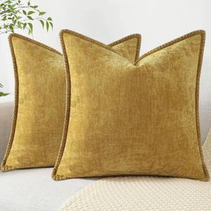 lot 12286 image: decorUhome Chenille Soft Throw Pillow Covers 24x24 Set of 2, Farmhouse Velvet Neutral Decorative Pillow Covers with Stitched Edge for Couch Sofa Bed Home Decor, Mineral Yellow