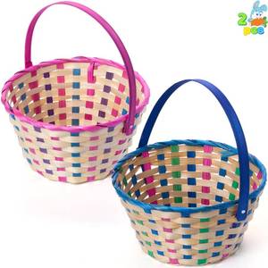 lot 15532 image: JOYIN 2 Pcs Easter Bamboo Plaid Basket, Blue & Pink Round Woven Goodie Empty Gift Basket with Folding Handle for Easter Egg Hunt, Kids Party Treats Picnic & Favors
