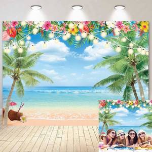 lot 16187 image: Hawaiian Beach Backdrop Summer Tropical Flower Palm Ocean Beach Photography Background for Hawaiian Aloha Party Luau Photoshoot Tiki Themed Decoration 8x6FT