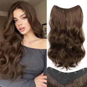 lot 16210 image: One Piece Clip in Hair Extensions XIXISNOW 24 Inch U-Shaped Wavy Brown For Women Clips on Hairpieces Synthetic Fiber Soft and Natural Hairpiece