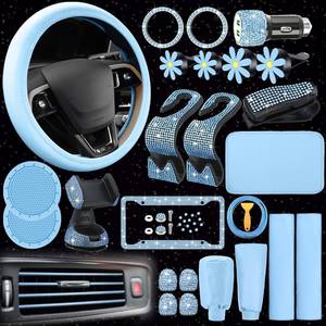 lot 1313 image: 46 Pcs Bling Car Accessories Set for Women Leather Steering Wheel Cover Seat Belt Covers Diamond Rings Sticker Rhinestone Cup Holders USB Adapter Flower Air Vent Clip (Light Blue)