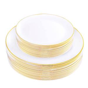 lot 1328 image: KIRE 60PCS Gold Plastic Plates - Heavy Duty White Disposable Plates with Gold Rim for PartyWeddingMothers Day - Include 30Pieces 10.25inch Gold Dinner Plates and 30Pcs 7.5inch Dessert Plates